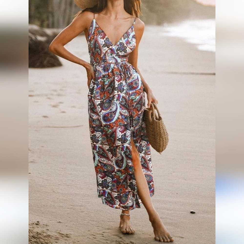 CUPSHE Women's Plunging Backless Beach Dress, Cami Straps, Empire Waist  Size M